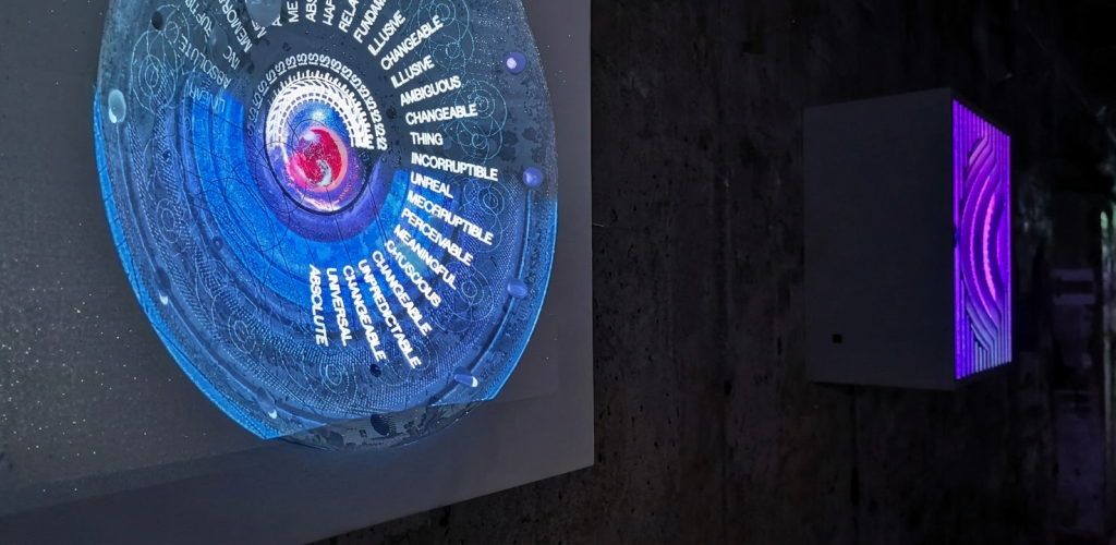 Cosmic Time light installation close-up view showing LED projections and colour reflections by Hristo Yordanov 2022