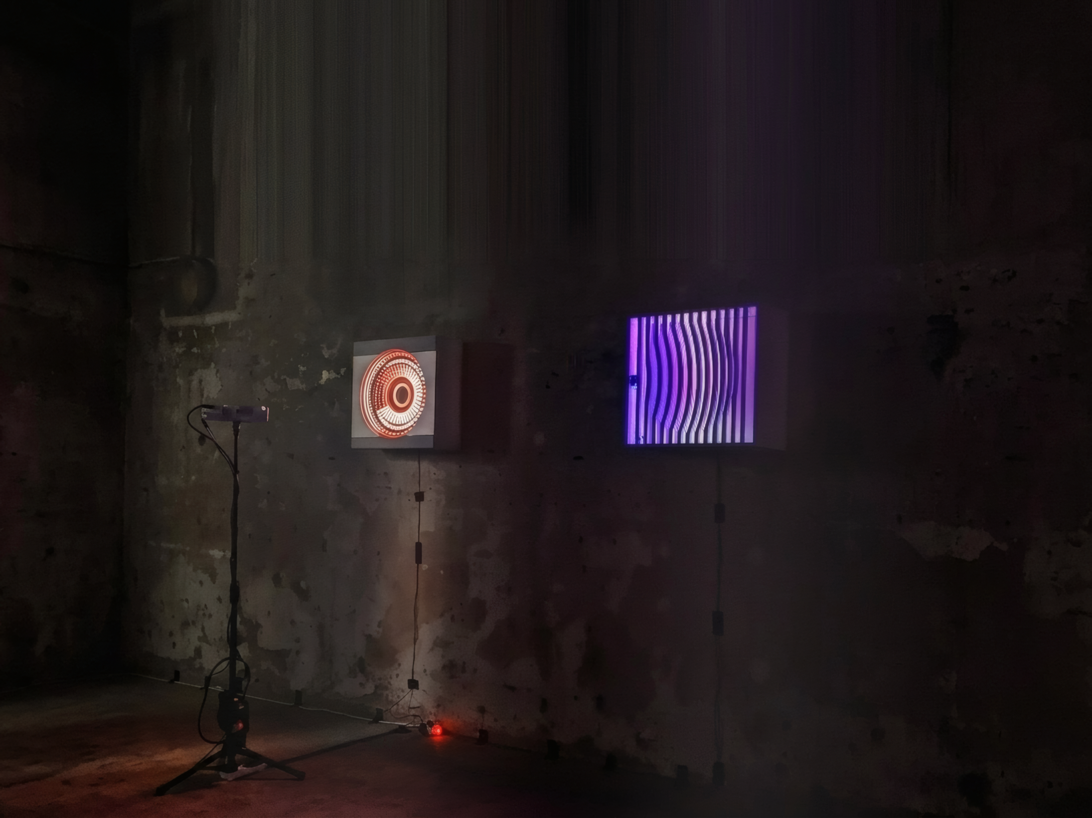 Cosmic Time light installation view showing LED projections and colour reflections by Hristo Yordanov 2022