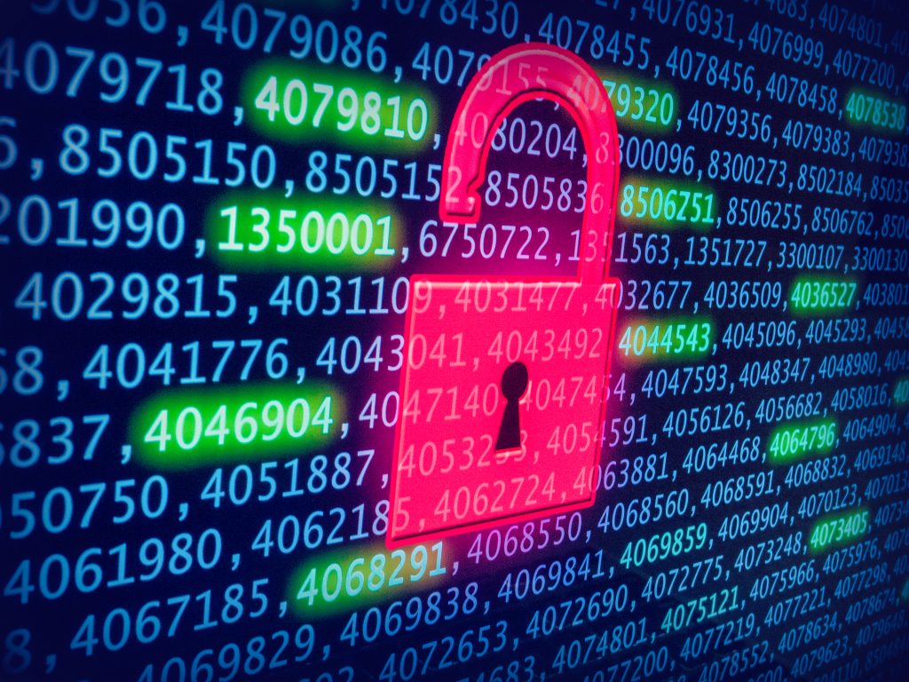 Data security breach concept showing open padlock against stream of digital numbers representing surveillance and data vulnerability