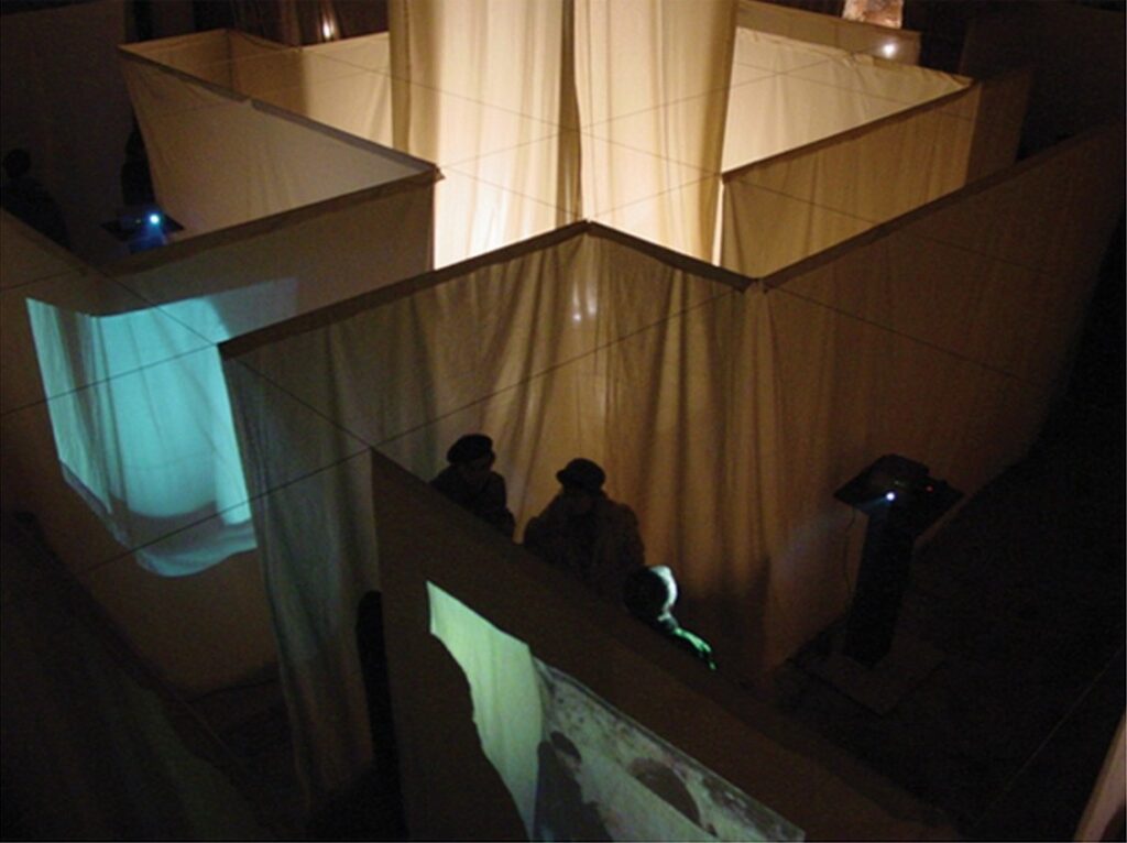Overview of the architectural fabric maze structure from the Labyrinth contemporary art installation in Plovdiv.