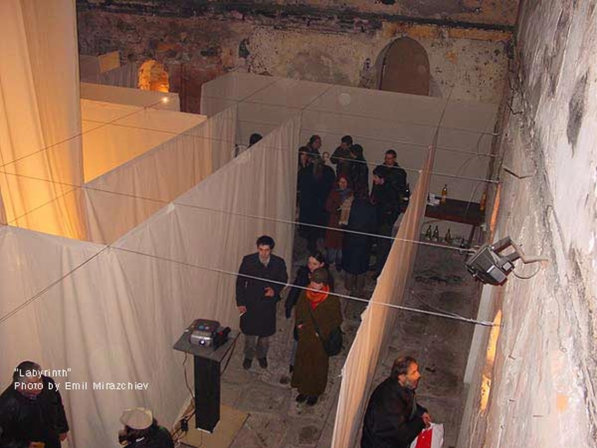 LABYRINTH multimedia installation aerial view by Hristo Yordanov and Angelina Galanska at Center for Contemporary Art, Plovdiv, Bulgaria, 2005