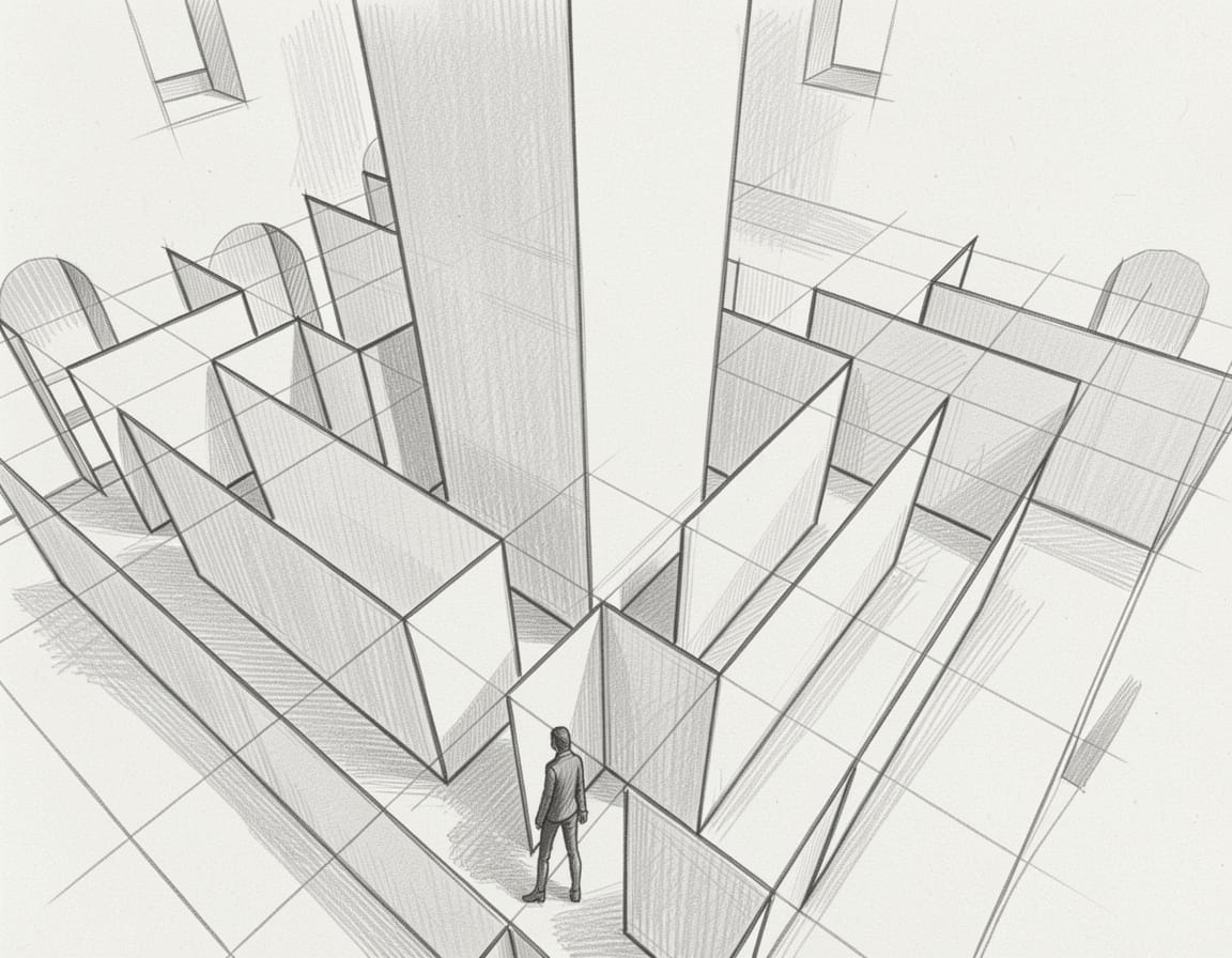 Concept sketch showing the spatial layout of LABYRINTH, a multimedia installation by Hristo Yordanov and Angelina Galanska, Plovdiv, 2005.