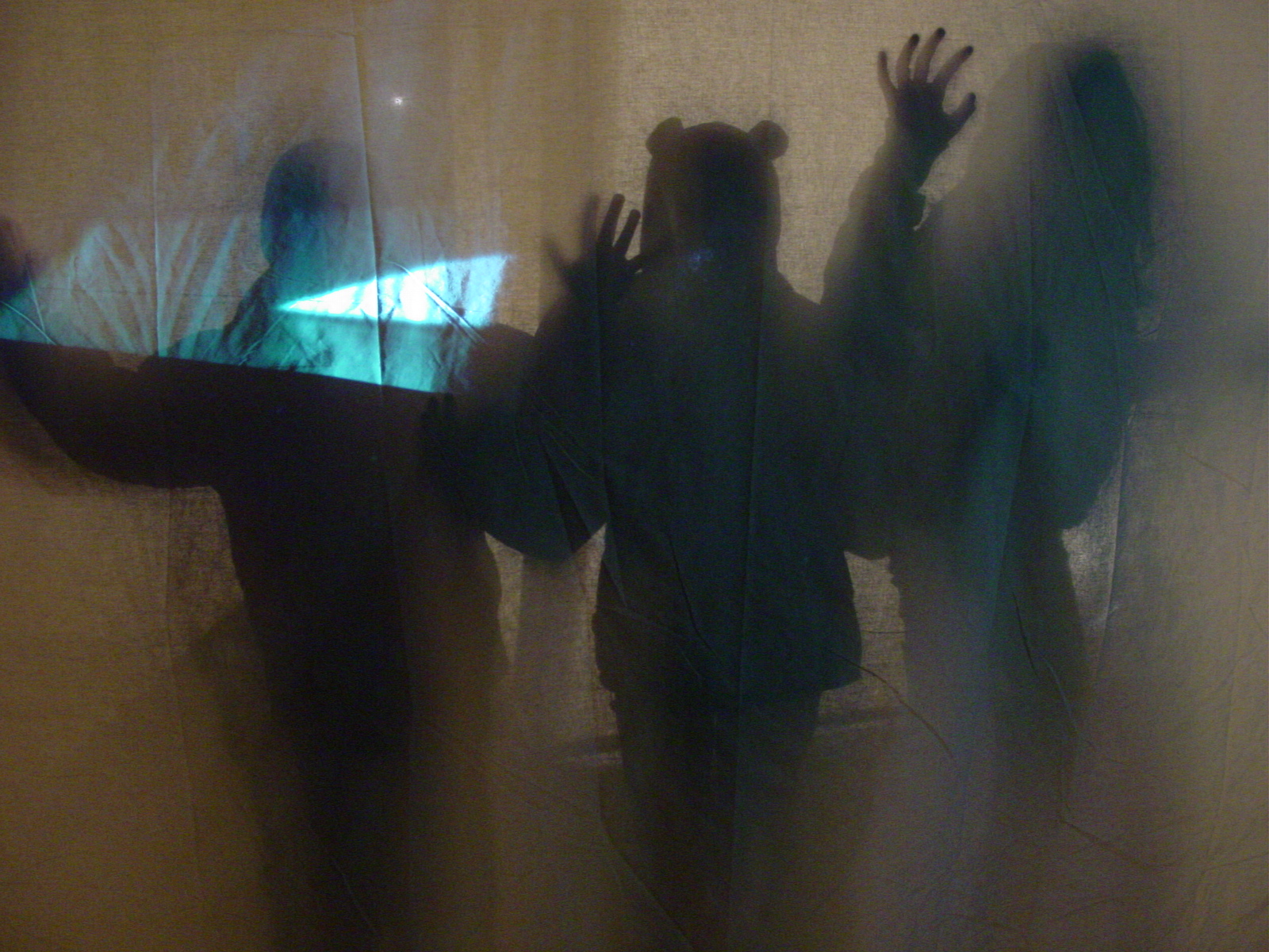 Dark silhouettes of three exhibition visitors casting shadows and interacting behind a lit translucent fabric screen in the Labyrinth installation.